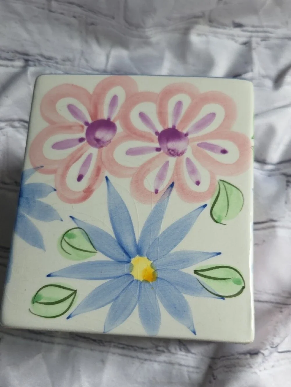 Vintage Floral Ceramic Tissue Box Cover - Blue & Pink Flowers. Made In Portugal